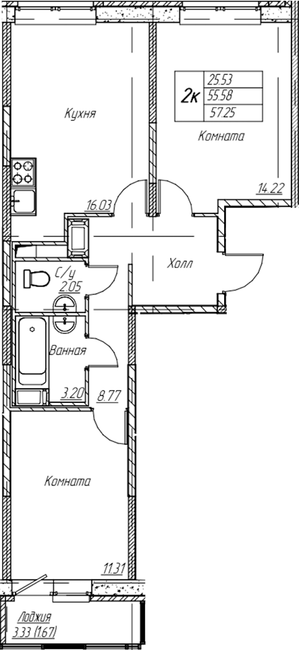 2-комнатная квартира 57.25 м², 10/22 эт., ЖК «Парк-квартал Юнтолово»
